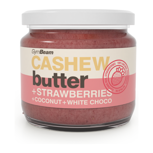 GymBeam KEŠU MÁSLO KOKOS + BÍLÁ ČOKOLÁDA + JAHODA Ořechové máslo